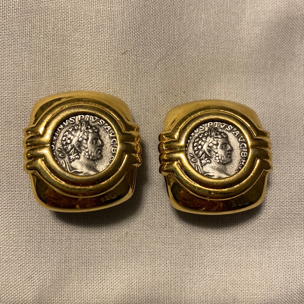 Vintage Ancient Coin Gold Tone Clip On Earrings